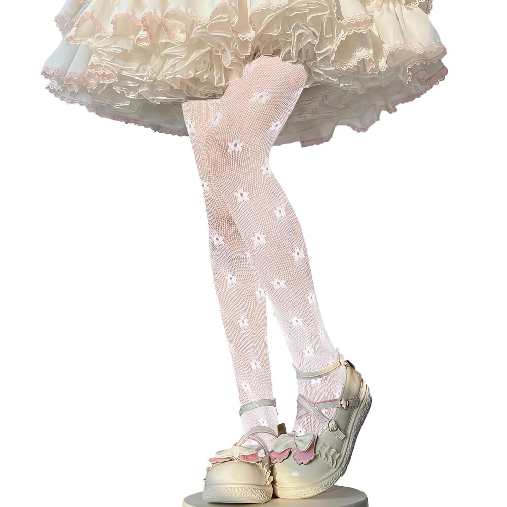 3904 Floral Fishnet Tights Sexy Lace Tights White Little Flowers High Waist